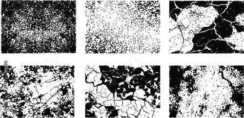 Black grunge texture set with abstract cracks and distressed noise. Rough ink splatter and broken surface backgrounds. Vintage grunge overlays for posters, design, and creative projects. 