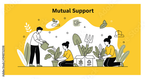 Group of diverse people working together in a garden to plant new greenery, water flowers, and cultivate the soil for better growth.