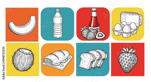 Colorful collection of hand drawn food items and beverages arranged in a grid including fruit, water, eggs, bread, and condiments.