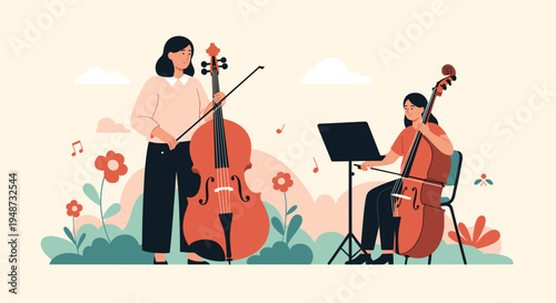 Pair of female musicians playing the cello outdoors in a beautiful garden setting surrounded by blooming flowers and soft clouds.