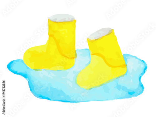 水たまりと長靴のイラスト｜雨の日 梅雨 水彩風