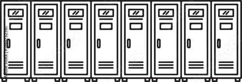 A row of eight identical grey lockers with rectangular windows and doors. Vector