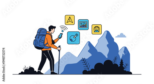 Adventurous hiker using a mobile navigation application to find the right path through a mountain range during a summer trekking trip.