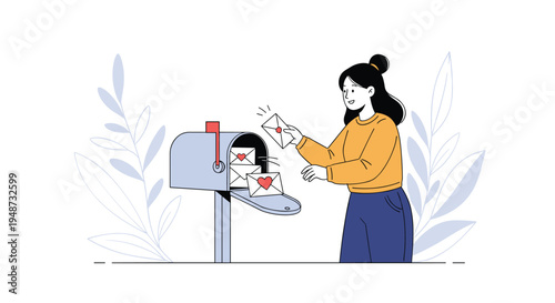 Smiling woman sending love letters by placing envelopes decorated with red hearts into a blue mailbox surrounded by soft foliage.