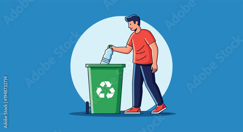 Responsible man contributing to environmental protection by placing a plastic water bottle into a green recycling bin outdoors.