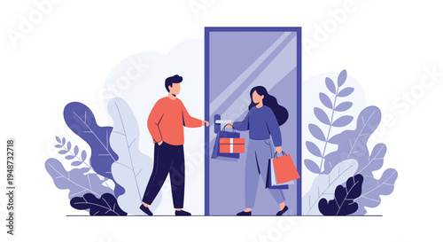 Young man and woman meeting at a doorway while carrying multiple shopping bags in a scene decorated with large abstract leaves.