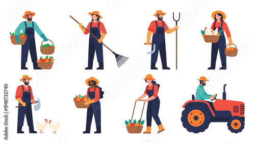 Set of hard-working farm employees performing various agricultural tasks such as harvesting, raking, and driving a red tractor.