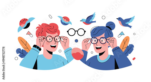 Happy couple trying on different styles of eyeglasses and smiling at each other while choosing the best frames in an optical shop.