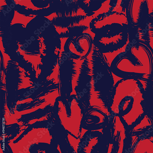 Brushstroke Heart Pattern Design Red And Navy Fashion Textile Modern Artistic Background For Homeware Contemporary Surface Print Bold Color Palette Fabric Design