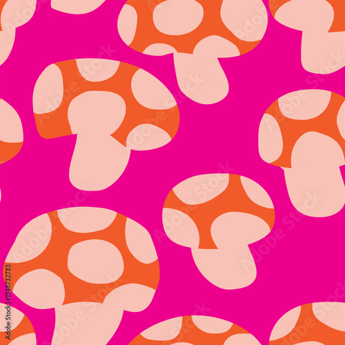 Whimsical Mushroom Pattern Design Retro Fungi Print Groovy Textile Orange And Pink Palette Psychedelic Style Playful Surface Design For Fashion And Homeware