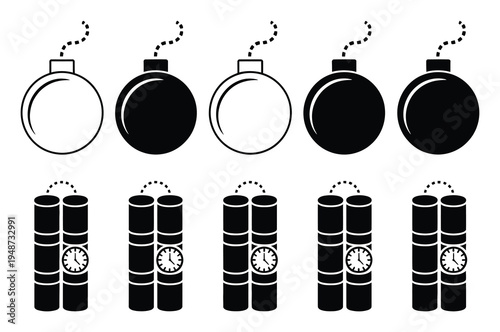 Collection of cartoon bombs and dynamite sticks with timers