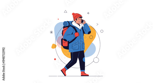 Prepared hiker wearing winter clothing and a large backpack while talking on a mobile phone during a journey through the wilderness.