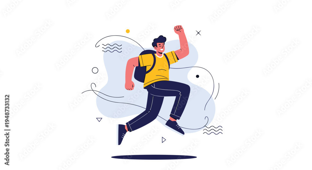Fototapeta premium Excited man with a backpack jumping high in the air with his fist raised in a gesture of success against an abstract blue backdrop.