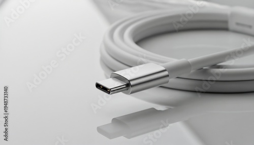 Premium white USB-C charging cable close-up on reflective white surface.
