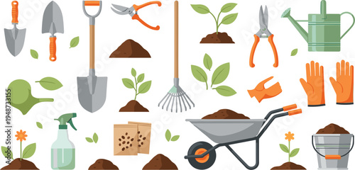 Gardening Tools and Plant Care Equipment Set with Shovel Rake Pruner Watering Can Wheelbarrow Seeds Soil and Gloves Collection