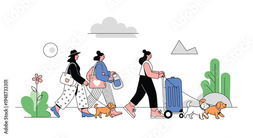 Group of stylish women walking together along a path while leading several small dogs on leashes and carrying their belongings.