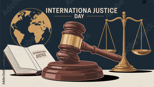 International justice day concept with gavel law book and scales on desk against dark background