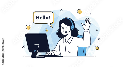 Friendly female customer service representative wearing a headset sits at her desk and waves while saying hello.