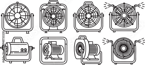 Line drawings of various types of fans and their internal mechanisms Vector