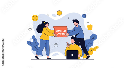 Team of people presenting a limited offer sign to a customer while another person works on a laptop to finalize the promotion.