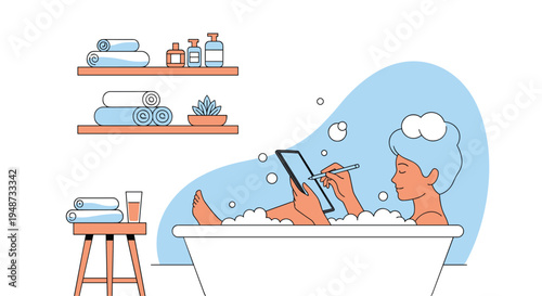 Creative young woman relaxes in a bubble bath while using a digital tablet and stylus to draw or work remotely.