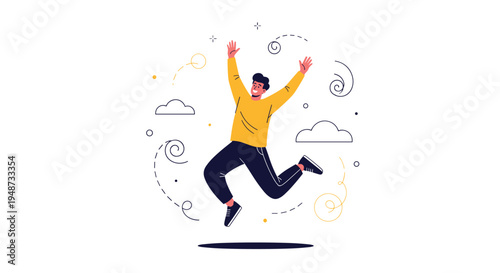 Happy young man in a yellow shirt jumps high in the air with arms raised in celebration against a white background.