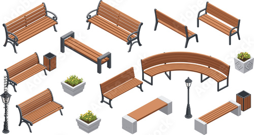 Park Bench and Outdoor Seating Furniture Collection with Wooden Benches Street Lamp Trash Bin Planter and Public Park Elements