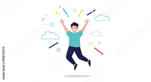 Energetic young man jumps enthusiastically with arms wide open, surrounded by colorful abstract geometric shapes.