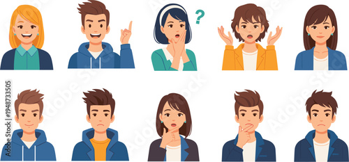 Young People Facial Expression Avatar Set Showing Happy Confused Thinking Surprised and Sad Emotions with Male and Female Cartoon Characters Collection