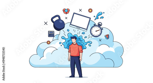 Overwhelmed or inspired person with various icons like a kettlebell, laptop, and stopwatch bursting from their mind.