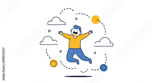 Happy young boy jumping with joy and excitement, surrounded by clouds and abstract geometric shapes and lines.