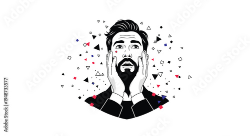 Thoughtful or worried man looking up with hands on his face, surrounded by abstract colorful geometric confetti.