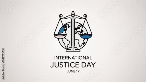 International justice day logo with scales and globe on gray background symbolizing fairness and global equality