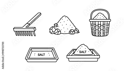 Line art illustrations depicting various salt forms and tools raw piles, rake, baskets, and serving trays, highlighting its culinary and industrial importance