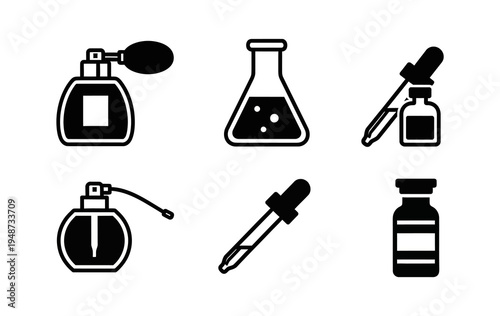 A collection of minimalist icons representing laboratory equipment and fragrance bottles, signifying science and beauty