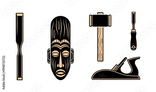 Collection of woodworking tools and a tribal mask illustration