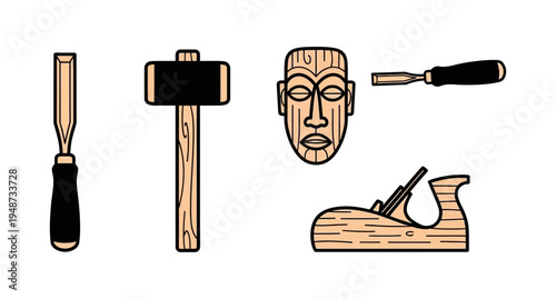 Collection of woodworking tools and a carved wooden mask on a white background
