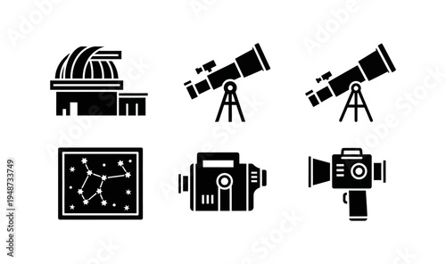 Collection of astronomical observation tools and celestial map icons for space exploration and scientific research