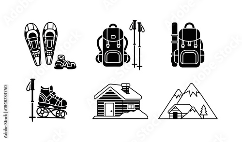 Essential outdoor adventure and winter recreation gear vector icons for hiking, skiing, and mountain getaways, featuring snowshoes, backpacks, and rustic cabins