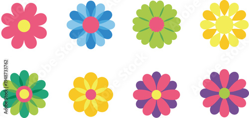Colorful Daisy Flower Icon Set with Simple Cute Floral Shapes for Spring Garden Design, Nature Decoration, Kids Illustration and Botanical Graphics