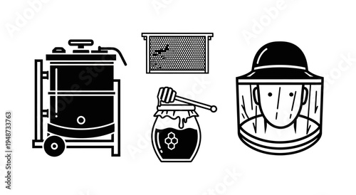 Vector icons of beekeeping essentials honey extractor, honeycomb frame, jar of sweet honey, and a beekeeper's protective hat, for apiary and nature themes