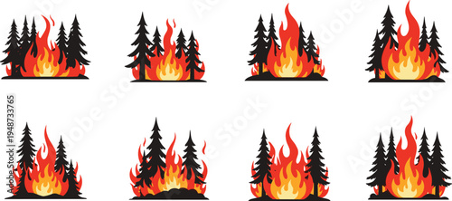 Forest Wildfire Icon Set with Burning Trees and Flames Illustrating Natural Disaster, Environmental Damage, Climate Change, and Emergency Fire Hazard Symbols
