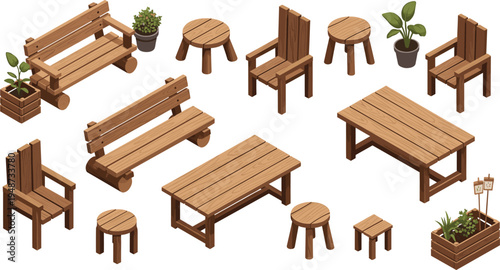 Wooden Garden Furniture Set with Rustic Bench Chairs Tables and Stools Collection Outdoor Park Patio Wood Seating Illustration