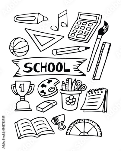 hand drawn school doodle stationery and other elements set