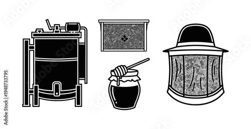 Beekeeping equipment including a honey extractor, hive, honey jar with dipper, and protective veil in a stylized illustration