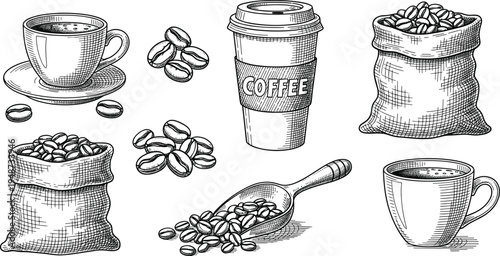 Hand Drawn Coffee Illustration Set with Coffee Cup, Beans, Scoop, Takeaway Cup and Coffee Sack Vintage Engraving Style Cafe Elements