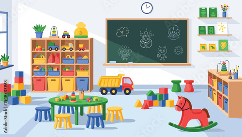 Brightly colored interior of a preschool classroom filled with toys, a chalkboard, small chairs, and educational learning materials.