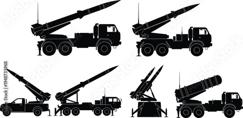 Military missile launcher truck silhouettes, rocket defense system vehicles, army weapon transport equipment, tactical artillery vector illustration set