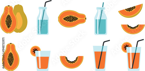 Papaya Fruit and Juice Icon Set with Fresh Tropical Papaya Slices, Whole Fruit, Smoothie Glasses and Bottles for Healthy Food Design