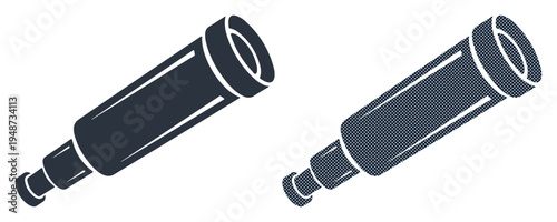 Two dark telescopes pointing in different directions on a white background.